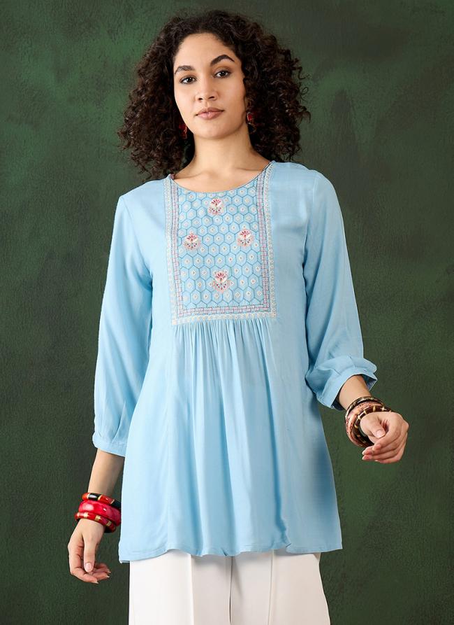 Viscose Rayon Light Blue Office Wear Embroidery Work Readymade Short Kurti